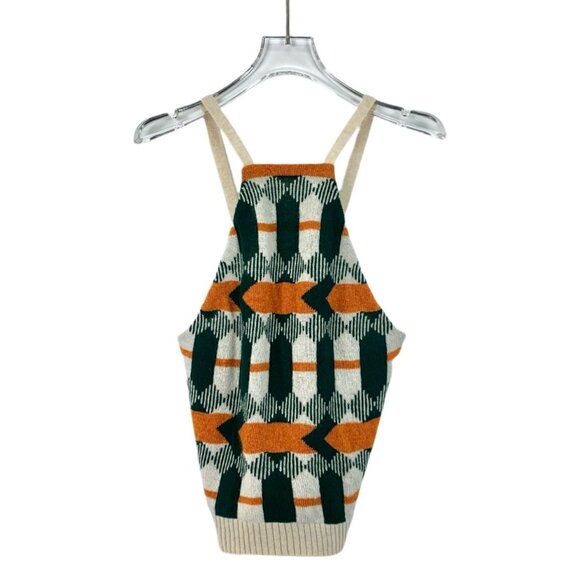 Prada Womens Diamond Check Halter Knit Top Green & Orange Wool Blend Size S - Picture 1 of 5